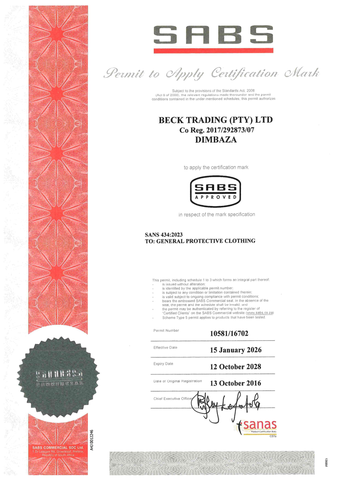 SABS Certificate