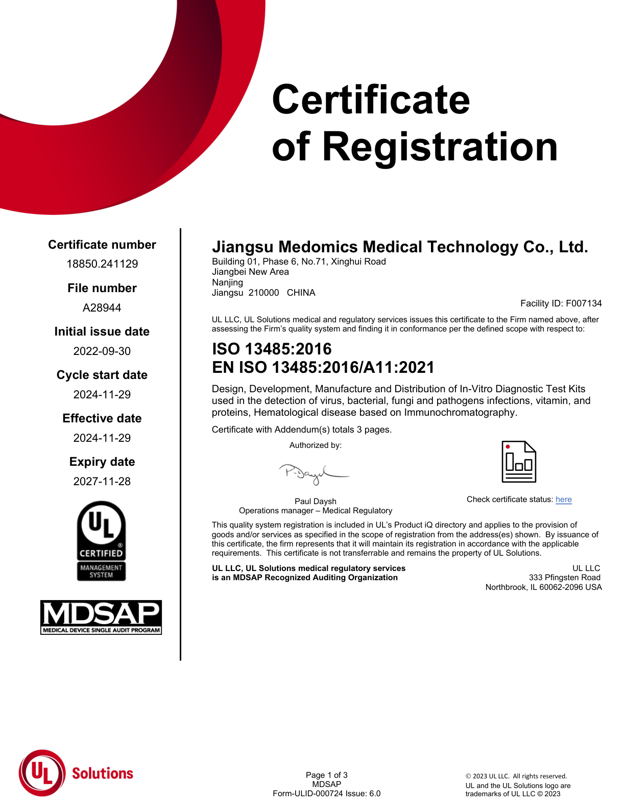 UL MDSAP Certificate 2024